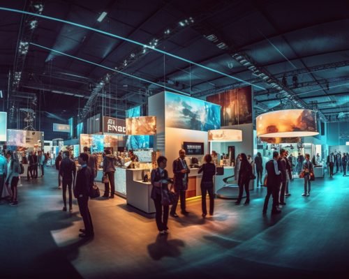 Step into the dynamic world of trade shows with a bustling exhibition hall filled with people and brilliantly lit, diverse exhibition stands. AI generated